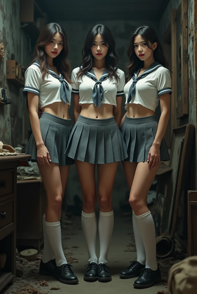 (best quality:10k, high res, masterpiece:1.2), ultra-detailed, ((photo-realistic:1.37)), ((best quality)), ((masterpiece)), (detailed), ((full body)), ((NSFW)), ((3 Alicia Vikander)) 4 girls in sexy high school uniforms whitout rock, ((grey pleated ultra-micro  showing a glimpse of white panties beneath the hemline)), (white shirt), ((white kneesocks)), ((black shoes)), ((grey neckties)), ((can see a little chest through blouse)), ((in a darkened basement room with filled with junk)), ((no windows)),no rock, cameltoe