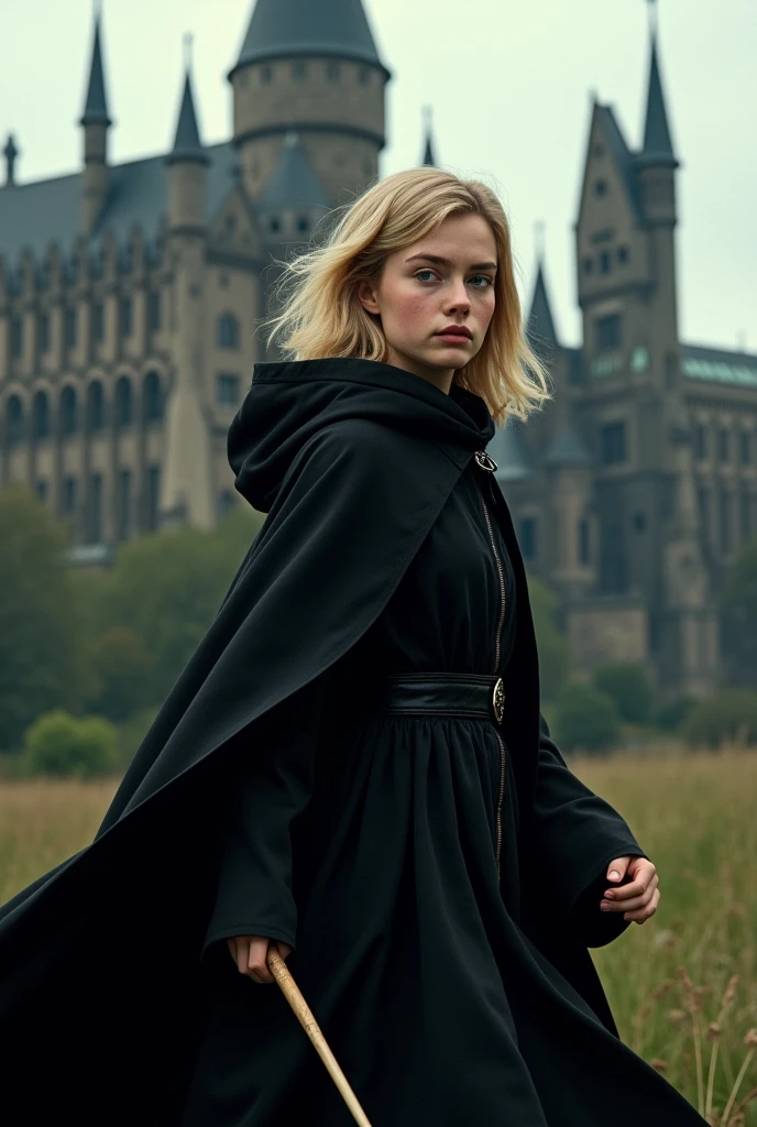 A  with blonde hair wearing a black cloak holding a slender wand with a diameter of 1 centimeter and length of 8 inches at Hogwarts.