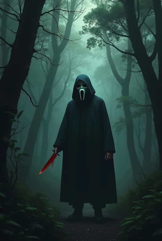 make an image in a dark forest with a man with a gostface mask and a mysterious hand holding a knife written killerzinho with blood put the writing in Portuguese I want the writing already knife