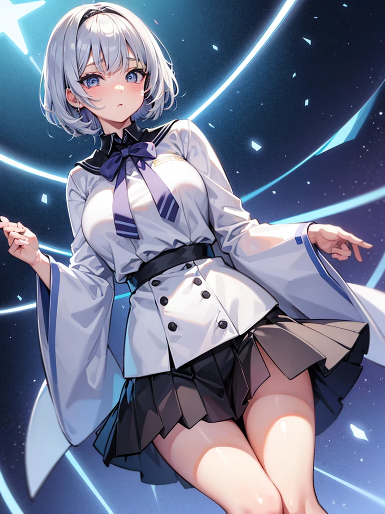 solo, Female, Manga, Japanese, Anime, Pastel, silver hair, short cut, high school girl, uniform, ((tareme)), big eyes, black iris, light blue eye, tall, curvy, japanese idol