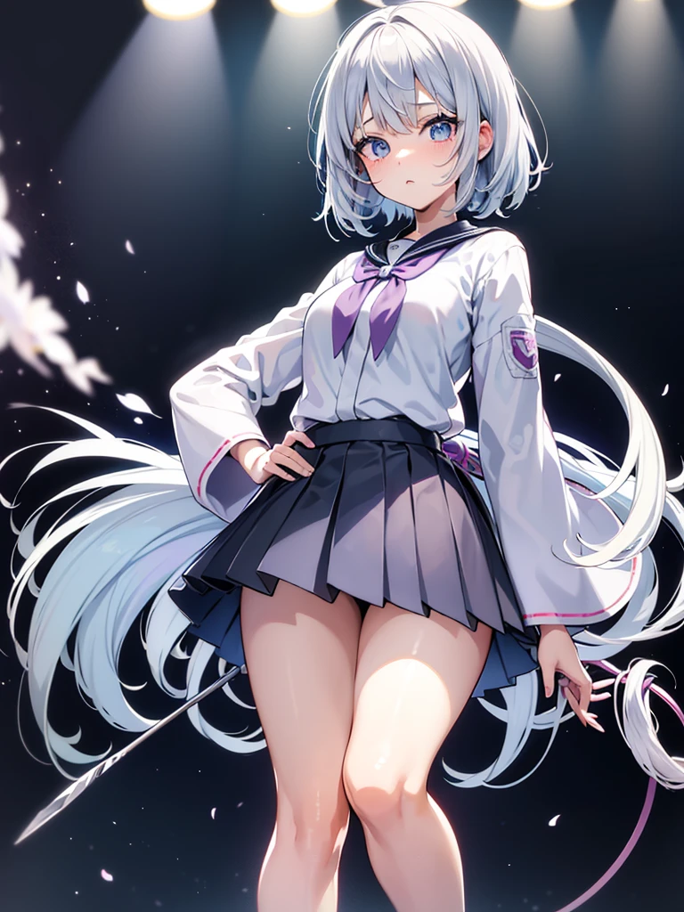 solo, Female, Manga, Japanese, Anime, Pastel, silver hair, short cut, high school girl, uniform, ((tareme)), big eyes, black iris, light blue eye, tall, curvy, japanese idol