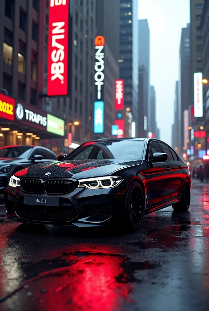 BMW m5 black car with red light with newyork background left side black Scorpio S11 car 