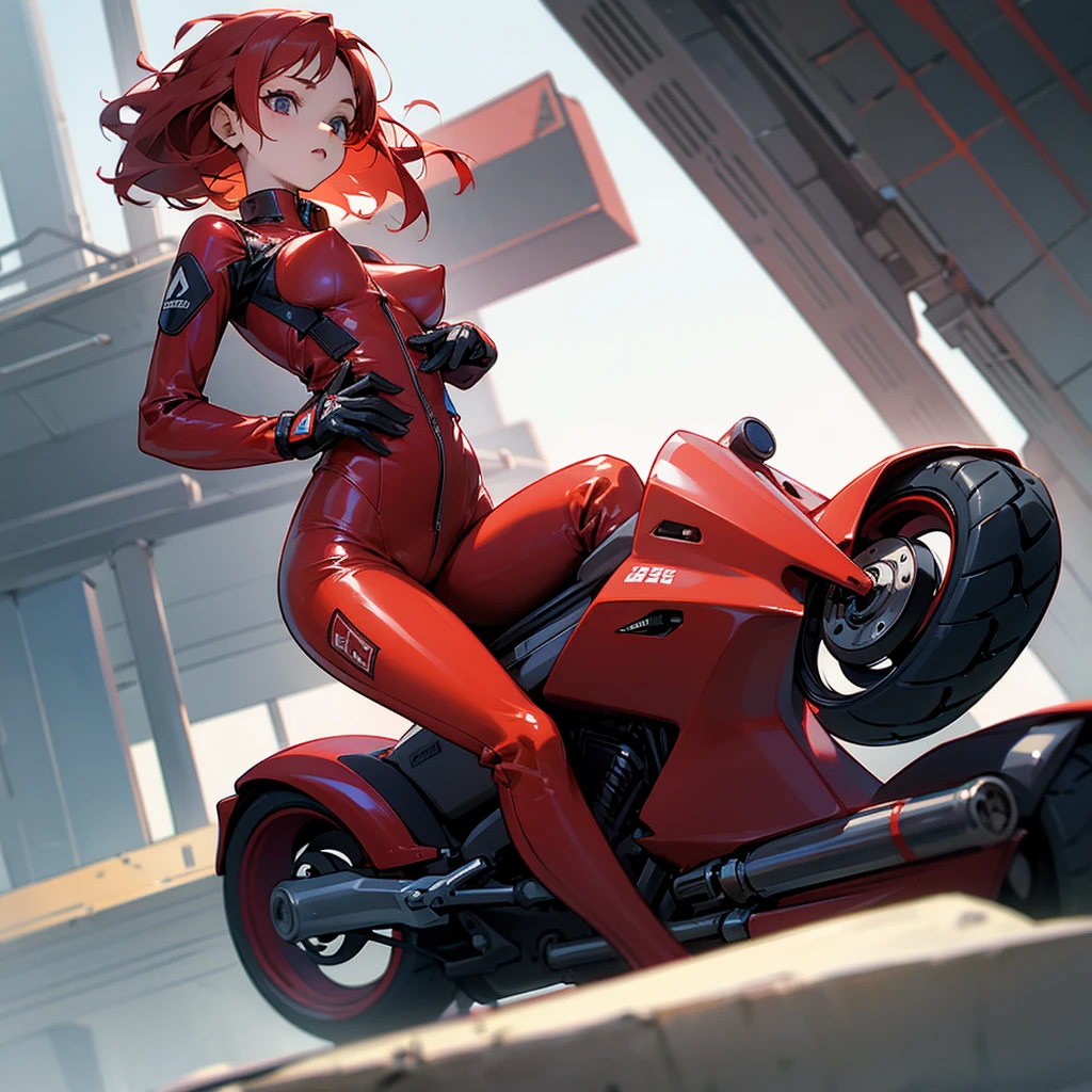 Red hair little young girl with big eyes in latex nipples visible stands on top of building sits on motorcycle and kneads tits with hands
