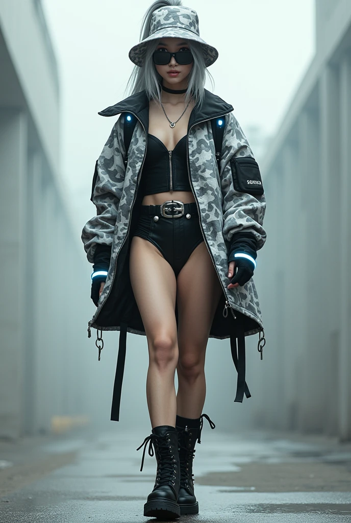 (nsfw), masterpiece, Best Quality, Realistic, Create an image of a beautiful young Japanese woman embodying futuristic fashion art. The scene should have the highest quality and realism, featuring an Instagram model named April. She should be shown in a full-body, wide-angle shot, sitting confidently with a full body in the frame. She has an ultra-slim waist, medium firm breasts, a medium-sized buttocks, and beautiful sexy legs, showcasing sculptural beauty. Her skin is white and silky, with a thin neck and small head. April is dressed in a striking white and black military print bodysuit paired with a sleek black leather belt with a futuristic metallic buckle and low-rise black leather shorts with zipper accents. She wears a sheer black mesh bomber jacket adorned with white and black military patches, and chunky black combat boots with silver hardware. Her look is fierce and bold, complemented by black fingerless gloves with white LED lights and high-tech accessories. She also sports a white and black camouflage print bucket hat and oversized black sunglasses with reflective lenses, adding an edgy attitude. Her outfit is completed with a white and black military print backpack with multiple compartments, merging functionality with style. Her hair is styled in a sleek high ponytail with black and white ribbon accents, reflecting a futuristic hairstyle. April walks with a confident stride, exuding a hint of rebellion, embodying the essence of future street-chic fashion. She stands in a setting of concrete, fog, and mist, surrounded by realistic black shadows. Her face is detailed, cute, and slim, with a happy expression, duck mouth, perfect teeth, gray hair, and shiny blue eyes, looking directly at the viewer.