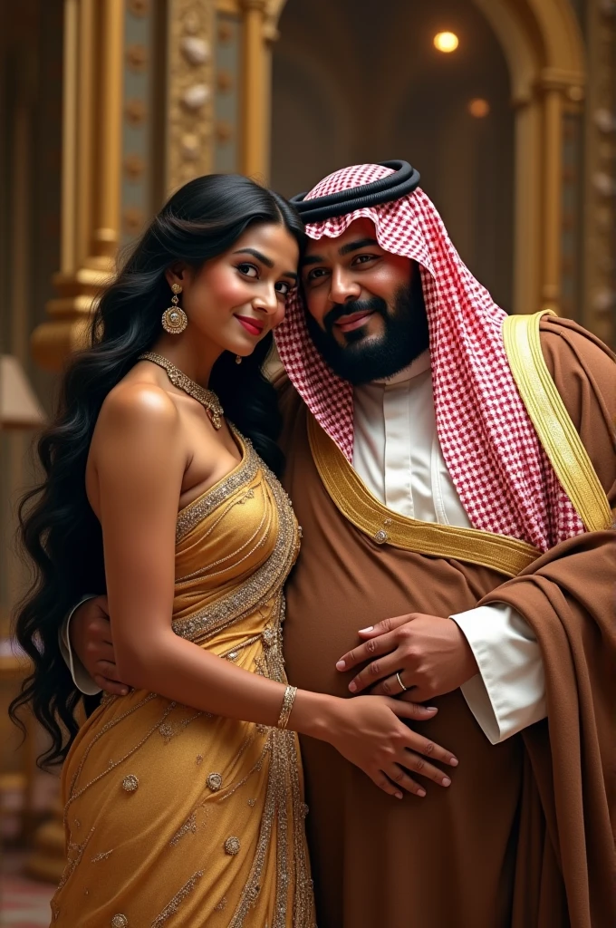 Create an image of an indian girl called Saranya wearing gold gown whose hugging Mohammed bin Salman whose chubby and fat, the prince of Saudi Arabia