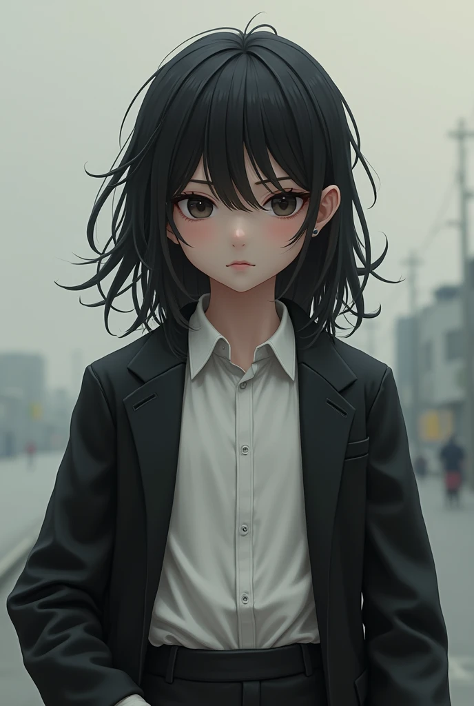 Boy with long black hair, white shirt, black jacket