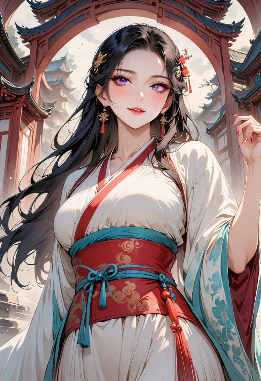 (masterpiece, best quality:1.2), 1 woman, Hanfu, (Dress conservatively:1.3), (delicate and beautiful face:1.8), mature, laugh, black hair, hairpin, purple eyes, , beautiful bridge, (ink stain) beautiful portrait, clothing ink style, Traditional Chinese armor, ink bismuth, from below, masterpiece, high details,full body,ชุดชาวบ้าน