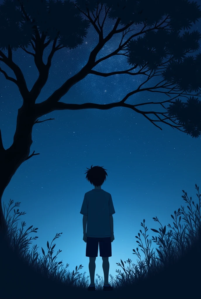 Standing Alone teen age boy in night time in tree skys are star