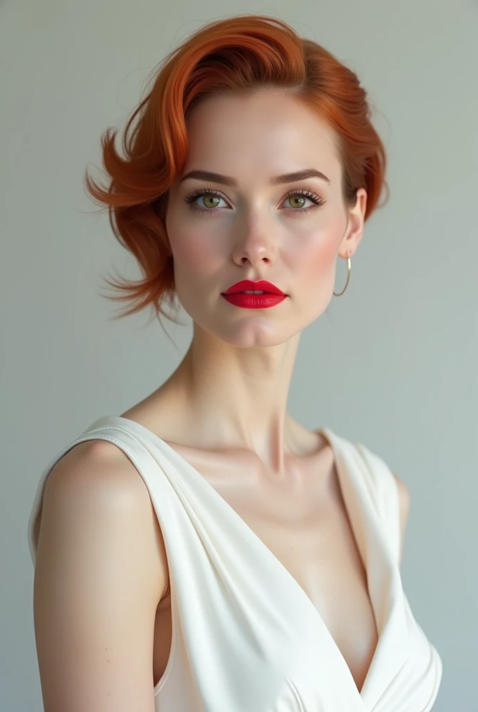 Woman, white-skinned , modern reddish brown hair cut, clear eyes, fleshy lips, wearing red lipstick, strong makeup, with an air of power, wearing a white dress