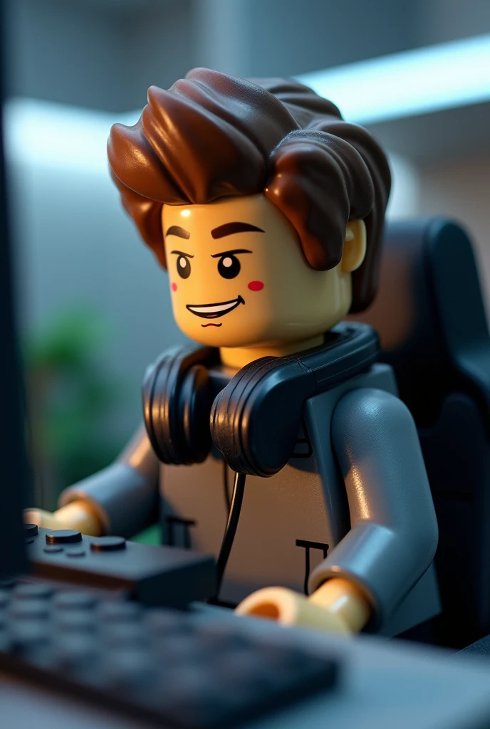 Make a lego of a handsome boy gaming put some headset in his neck and long-sleeved