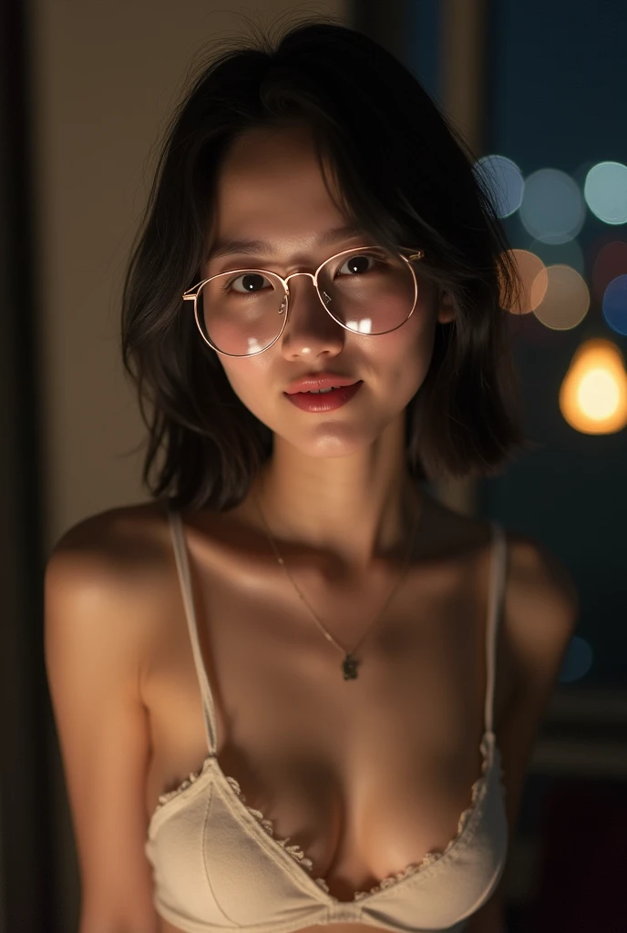1 Thai Girl, Age: 33, Delicate face, Plump lips realistic pink, Wear clear glasses.. Large Breasts, A chest can be seen, Naked body in the moonlight., night, you can see the whole body..