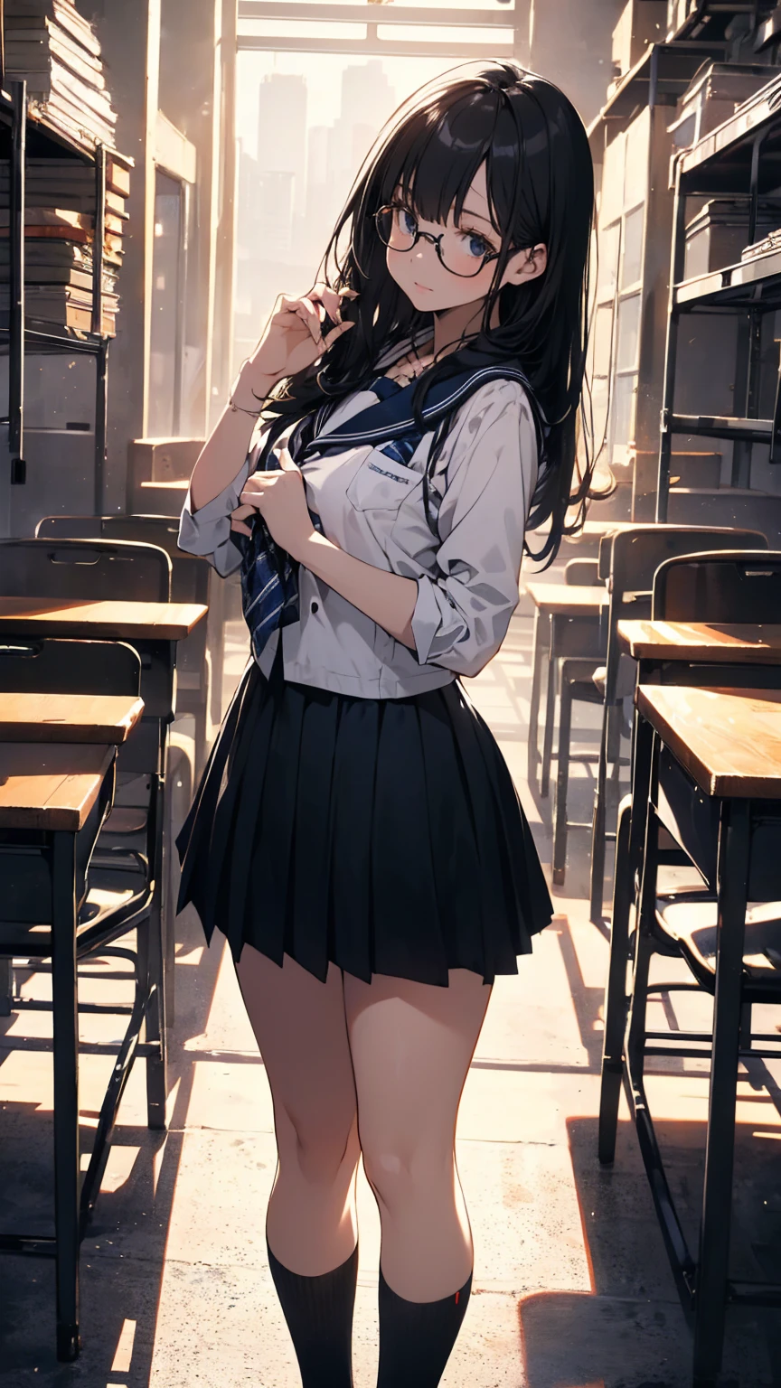 summer、empty classroom、thick、Sweat、、high school girl、Low length、(((Long black hair:1.2　hair band)))(((Black-rimmed glasses:1.2　black eye)))、Backlight、evening、Nostalgic atmosphere、Look at this、High position、Full Body Shot、glamorous、Checked mini skirt、Navy knit vest、loafers、Skirt flip、avert your eyes、Plump thighs、(((Front view))), Beautiful details, 16K, Absurd, masterpiece, Very detailed, beautiful girl, 