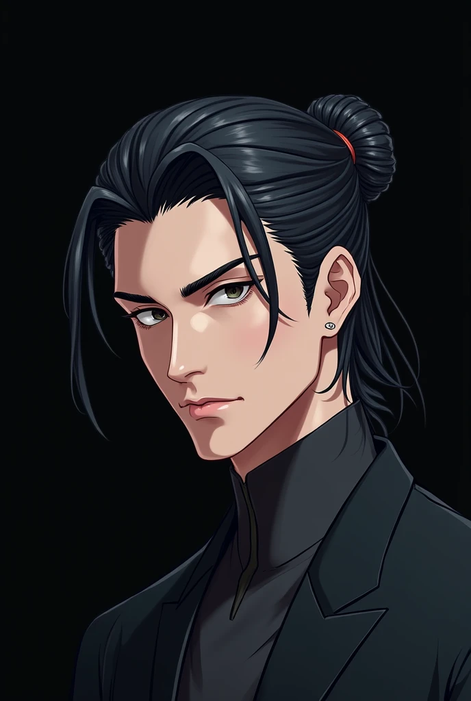 Cool, handsome, long hair, male, 2D anime, no shadow, dark, white skin, black hair, tied in a bun
