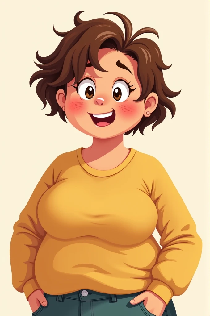 Can you generate a cartoon characters woman and make her chubby, short hair,and her skin is tan