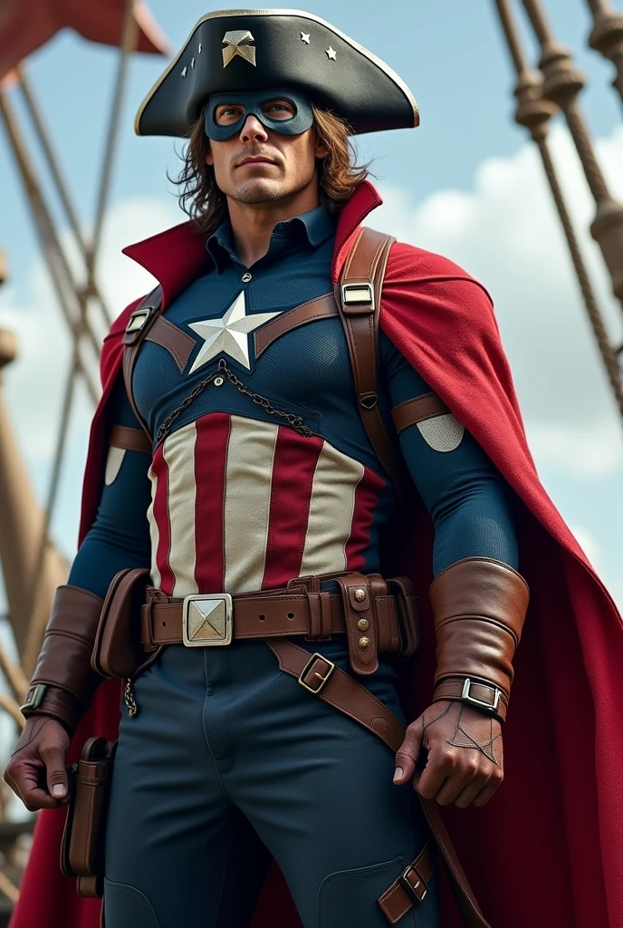Captain America dressed up as a pirate standing on a ship. 
