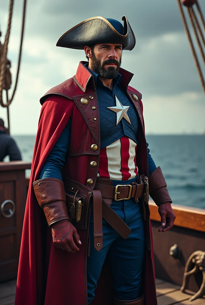 Captain America dressed up as a pirate standing on a ship. 
