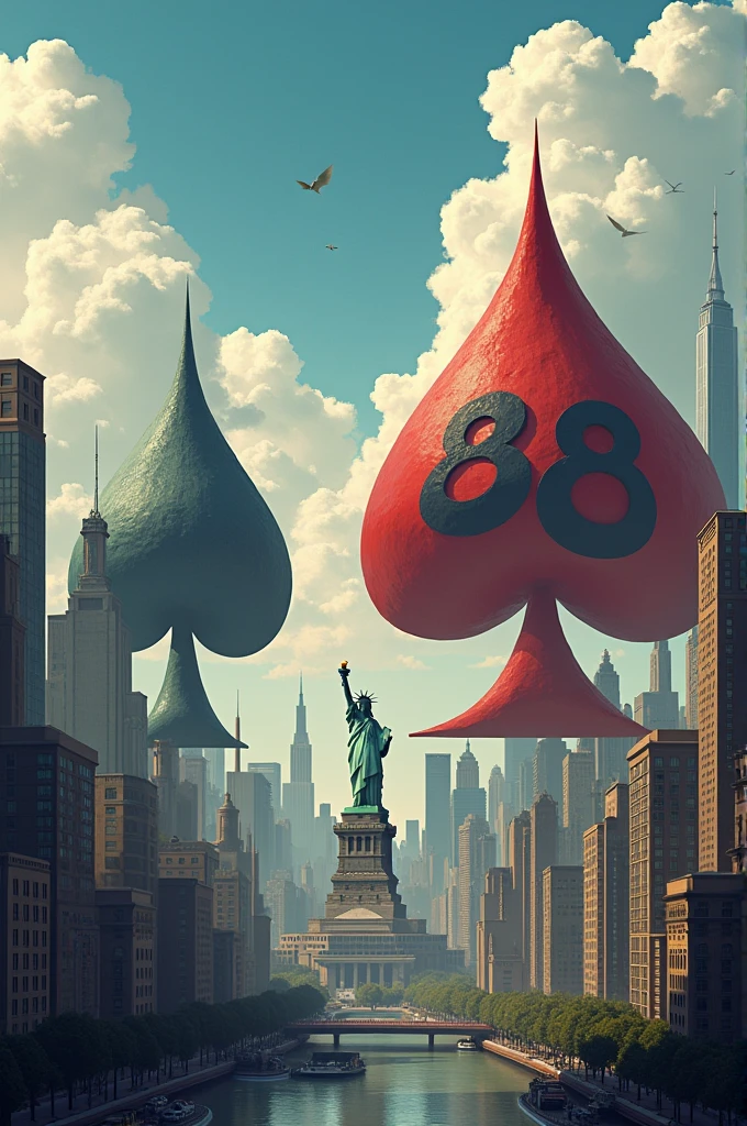 High buildings A spade card A club The Statue of Liberty And 888
