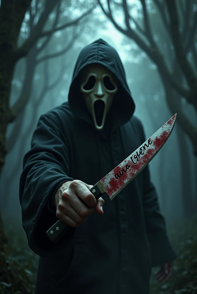 make an image in a dark forest with a man with a gostface mask and a mysterious hand holding a knife with the word killer written in blood put the writing in Portuguese I want the writing on the knife