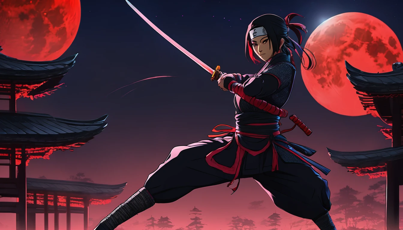 Uma Kunoichi, in the shadows, Red Moon Behind, ninja stance, ultra detaild, with many details, SPARKLES, and a well-crafted scenario
