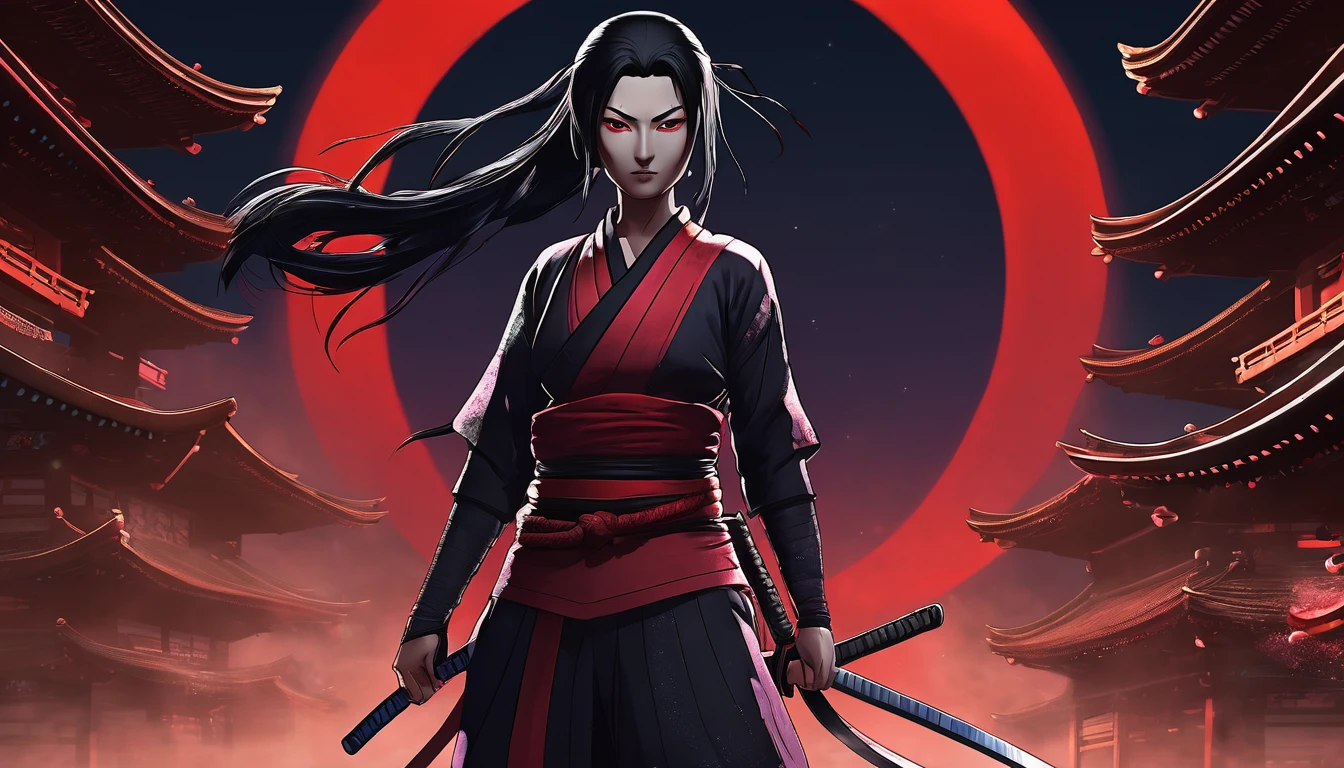 Uma Kunoichi, in the shadows, Red Moon Behind, ninja stance, ultra detaild, with many details, SPARKLES, and a well-crafted scenario