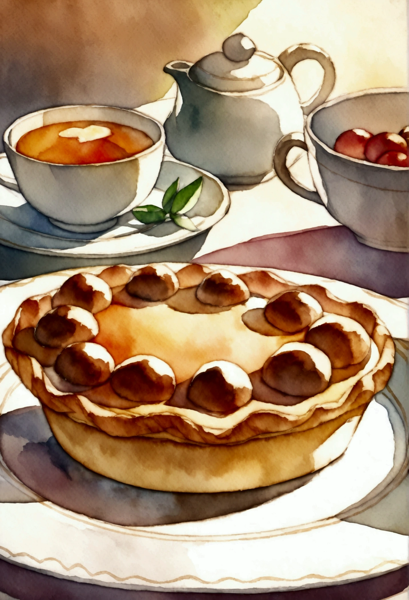A beautiful watercolor illustration of a nutmeg tart.