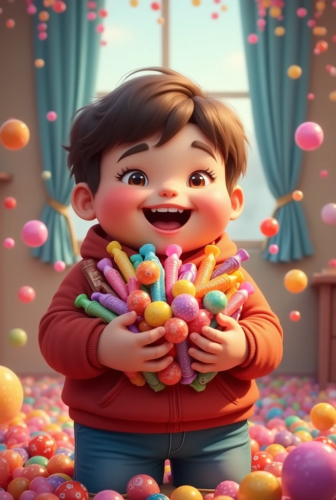 Draw me a picture , chubby boy holding lots of candy