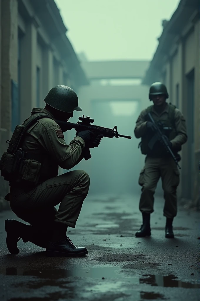 Wide angle, showing two characters. One soldier on the left the other on the left. The left is crouched, holing gun. The soldier on the right is farther behind.(only his sillhoute shown.