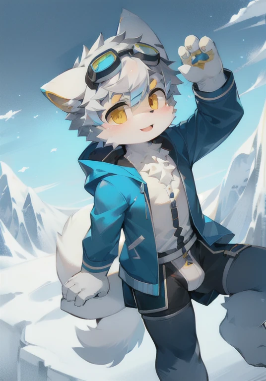 Snow mountain background,Blue down jacket,White male cat,boy,cute,Q version,Goggles,Big furry tail,Hairy pads,Mountaineering,Golden Eyes,Silver hair
