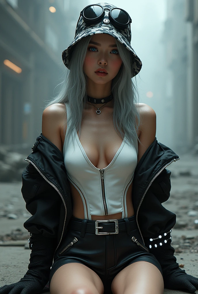 (nsfw), masterpiece, Best Quality, Realistic, Create an image of a beautiful young Japanese woman embodying futuristic fashion art. The scene should have the highest quality and realism, featuring an Instagram model named April. She should be shown in a full-body, wide-angle shot, sitting confidently with a full body in the frame. She has an ultra-slim waist, medium firm breasts, a medium-sized buttocks, and beautiful sexy legs, showcasing sculptural beauty. Her skin is white and silky, with a thin neck and small head. April is dressed in a striking white and black military print bodysuit paired with a sleek black leather belt with a futuristic metallic buckle and low-rise black leather shorts with zipper accents. She wears a sheer black mesh bomber jacket adorned with white and black military patches, and chunky black combat boots with silver hardware. Her look is fierce and bold, complemented by black fingerless gloves with white LED lights and high-tech accessories. She also sports a white and black camouflage print bucket hat and oversized black sunglasses with reflective lenses, adding an edgy attitude. Her outfit is completed with a white and black military print backpack with multiple compartments, merging functionality with style. Her hair is styled in a sleek high ponytail with black and white ribbon accents, reflecting a futuristic hairstyle. April walks with a confident stride, exuding a hint of rebellion, embodying the essence of future street-chic fashion. She stands in a setting of concrete, fog, and mist, surrounded by realistic black shadows. Her face is detailed, cute, and slim, with a happy expression, duck mouth, perfect teeth, gray hair, and shiny blue eyes, looking directly at the viewer.
