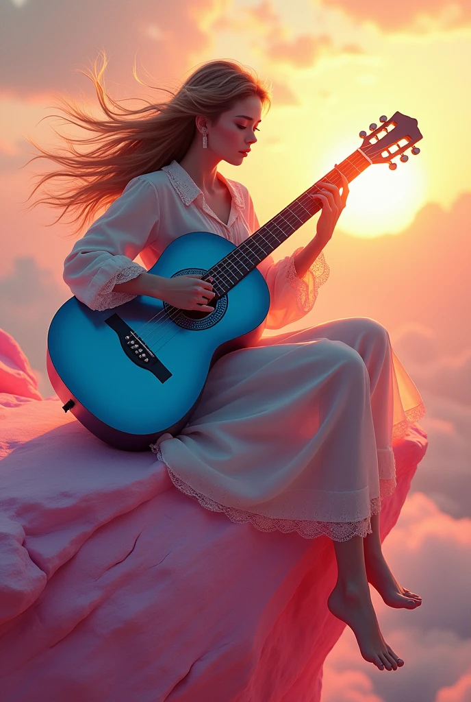 fantasy digital art, portrait of a very beautiful western girl playing a blue guitar on a bright pink rock as the sun sets, unique art, masterpiece of scenery, super cool, super creative, unbelievable, optimized image details, surreal resolution