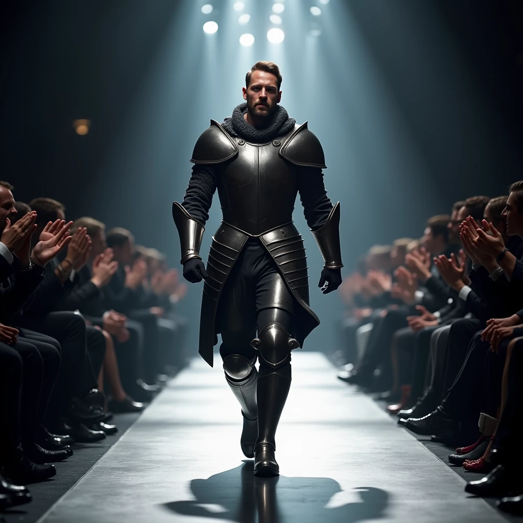 One is wearing armor、Grow a beard、A majestic and dignified man walks on the catwalk,The audience's applause echoed,The sleek design of the catwalk reflects the lights