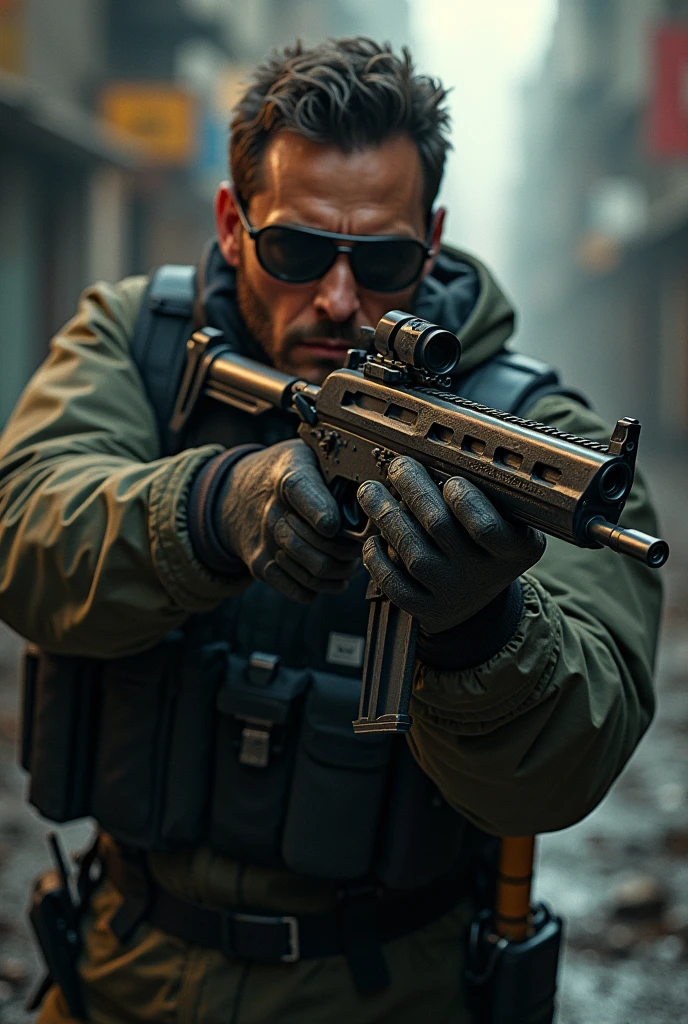 A marksman uses a pistol with a knife attached for shooting and close-range combat..