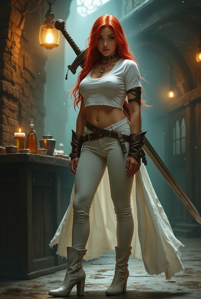 grimdark fantasy, a 2 girl with long spiky red hair and round face with green eyes and strong body with wide hips and big breasts and wearing a tight white t-shirt with cleavage and tight white trousers and short white boots and a white cloak with a greatsword at her back standing in a tavern