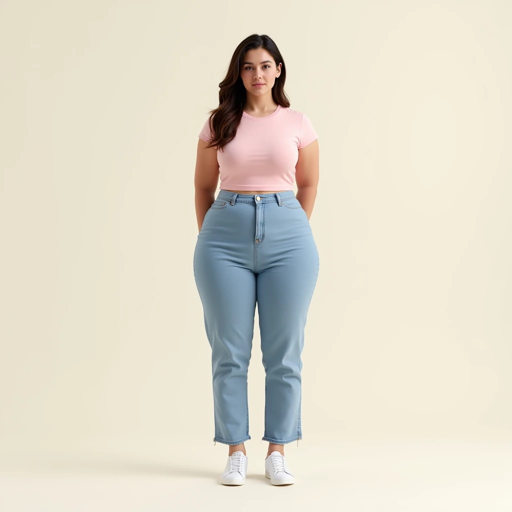 Image captured with a Sony α7 III camera, full body shot, an narrow waist, wide hips, and a full bust. The proportions are highly stylized, with a sharp contrast between the tiny waist and the expansive curves of the hips and chest, young European woman early 20's, straight jeans in light Blue color, fitted waist tee in pink color, white shoes, realistic, creamy white background standing straight in front of the camera.