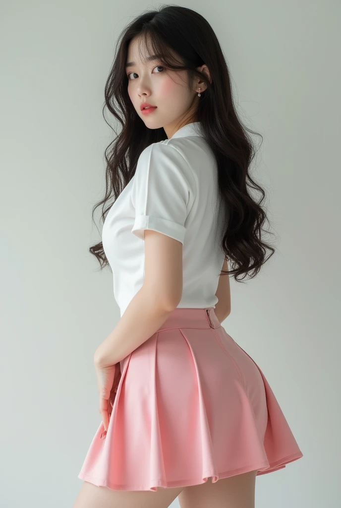 Korean girl with long dark hair, with white and pink school uniform, white fitted shirt and very short soft pink skirt, She is on her side and her ass looks very big as do her thick thighs. 