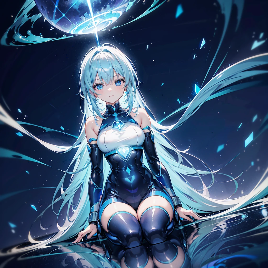 ((Holographic glow effect)),8k, Highest quality, (real:1.4), Original photo, 1 person, Asari Hair, Biological Amplifier, Very sleek and futuristic armor, posture: Peace talks between warring factions,,attention arousal, smart blue eyes,A modest smile,Knee-high boots,Patent-look blue tights,Blue big moon and blue light swirl in the background,Blue light from behind,blue light magic,A small, glowing blue ball in the palm of your hand,Blue flame swirl,Blue Comet,Polished floor,