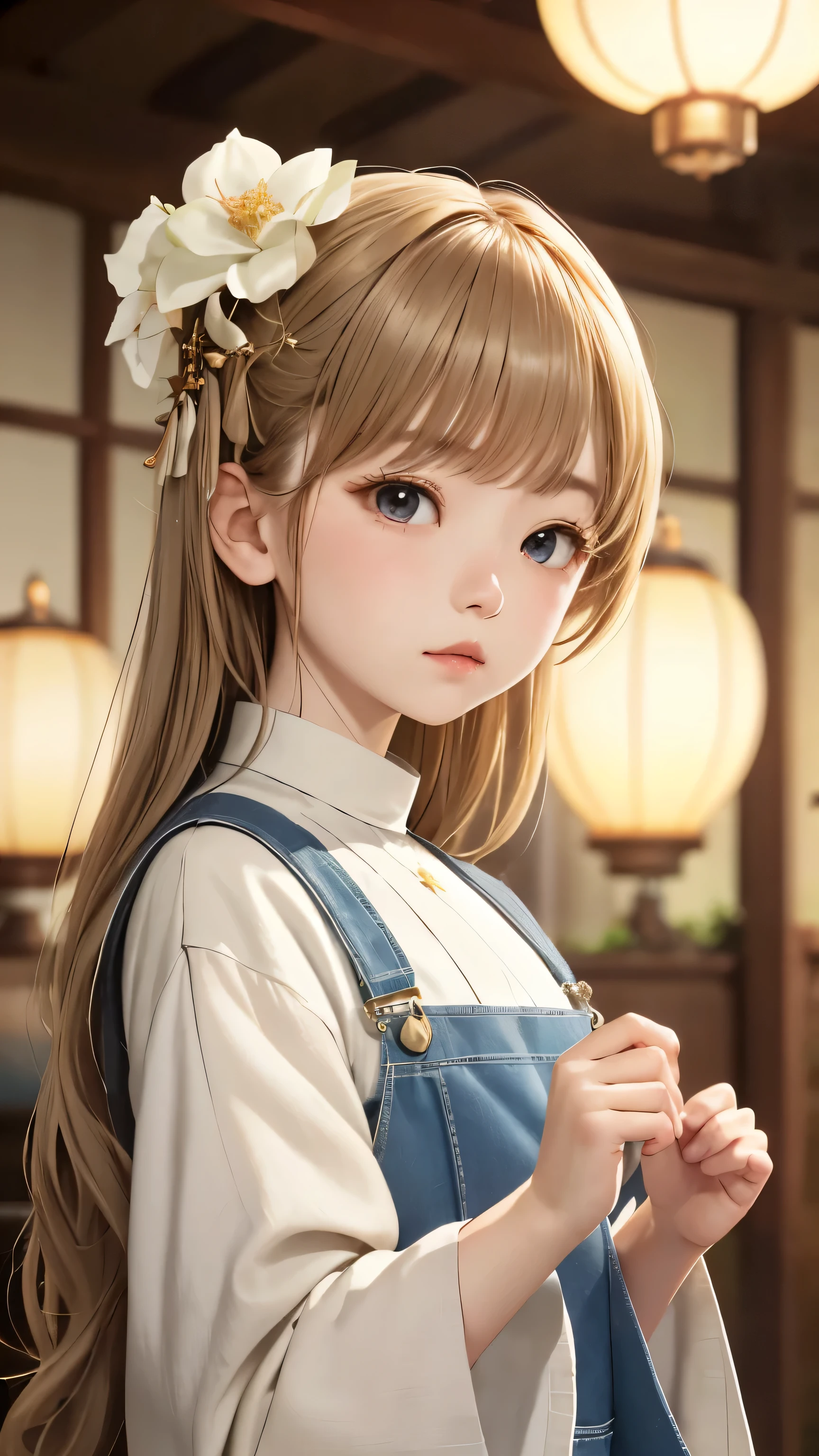 Dark Room、Girl looking to the side、landscape、Malaise、(((Blurry overall:1.2)))、pale colour、Mysterious Space、big flower hair ornament、White flower hair ornament、Beige Hair、Cute Face、Small breasts、Medieval white shirt、(((Increased depth of field)))、Large collar、lanthanum、沢山あるlanthanum、Candles、Candlesの灯、Pale flame、lanthanum