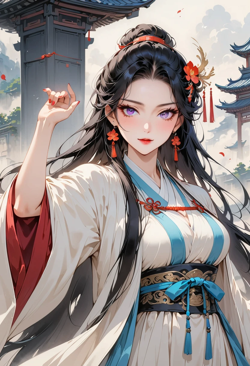 (masterpiece, best quality:1.2), 1 woman, Hanfu, (Dress conservatively:1.3), (delicate and beautiful face:1.8), mature, laugh, black hair, hairpin, purple eyes, , beautiful bridge, (ink stain) beautiful portrait, clothing ink style, Traditional Chinese armor, ink bismuth, from below, masterpiece, high details,full body,เต็มตัว!!