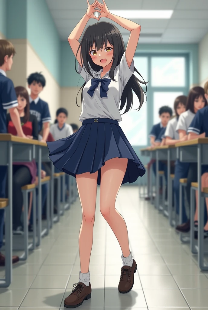 A high school girl wore a short skirt for a while, then she took off her panties while still wearing the skirt and she held her panties up in front of everyone for a while then saw the principal passing by and she threw her panties on the ground.
