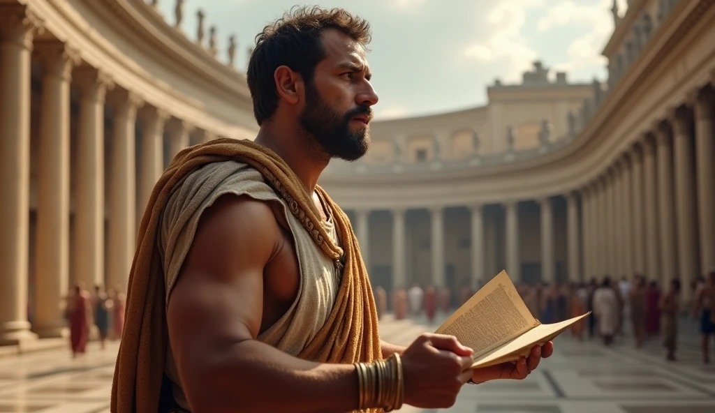 In a grand Roman forum or open space, the male stoic philosopher is depicted actively taking steps to address a major issue. He is shown with a resolute and determined expression, dressed in a classic tunic with shoulder openings. The background features the grandeur of Roman architecture, and the scene includes visual elements that suggest decision-making and action, such as a scroll or symbolic tools of resolution. The lighting is focused on the philosopher and the actions he is taking, symbolizing his proactive approach to addressing betrayal and preventing further harm. The setting underscores the importance of acting decisively and taking control of the situation.