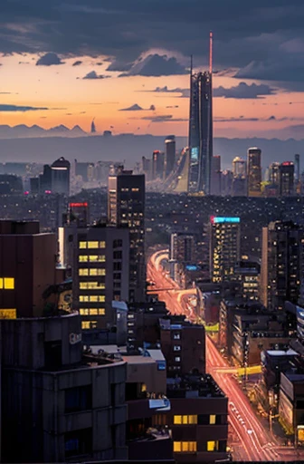 A bustling cityscape at dusk, scifi city, daniel libeskind, frank lloyd wright, syd mead, habitat 67, neon signs, very intricate, highly detailed.