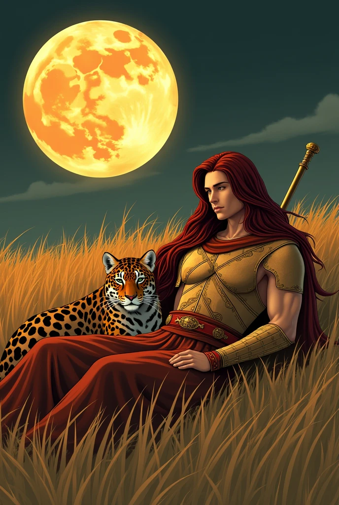 Beautiful male asian warrior no beard long dark red hair light brown leather armor longsword lying in high grass relaxing with big jaguar cat harvest moon art deco style