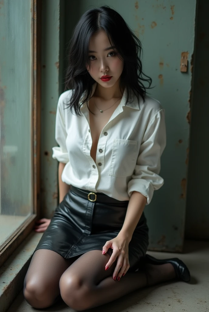 ((Slender, Red lips with lipstick)) Slender body Thin face Asian、Heavy makeup Well-shaped breasts Plump Shoulder-length black hair、Slightly wavy hair ((Looking into the camera)) Frightened face Spread your legs座る ((White button-down shirt with black patent leather skirt and black stockings)) Both the shirt and skirt are dirty. Sweaty skin and breasts Spread your legs (Full body photography,8k images、Young Japanese Woman、Transparent white skin、Erotic woman、Dirty West Prison Concept Studio, Kneeling with legs spread, Look forward, stunning figure, Sports competition, There are traces of rape、Spreading thighs、Legs open、My hair and body are wet.、The expression of a reluctant woman、Man behind、Spread your legsいる Hands tied behind your back、Her shirt and skirt are torn、The skirt is torn near the right thigh、Thighs are exposed、Her shirt is torn and her bust is visible Slender body型、Face and body are wet、もっとSpread your legsいる、White panties are visible.