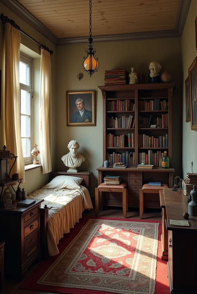 A poor room, but tidy and clean, with simple walls and ceiling, a small window, drapery, a plaster bust of Socrates on the shelf with books, a narrow, old bed, a carpet and small paintings with chemical formulas and classical composers.