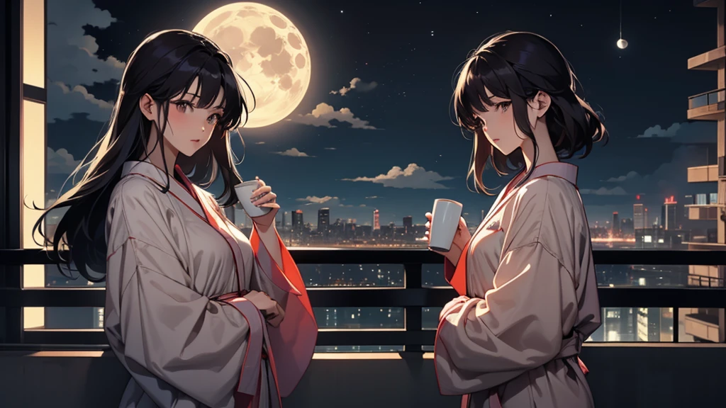 A young Japanese woman in pajamas looking at the night view from the balcony of a high-rise apartment building. The woman has dark hair and holds a mug of coffee in one hand. In the distance are a residential area, the moon, and clouds.