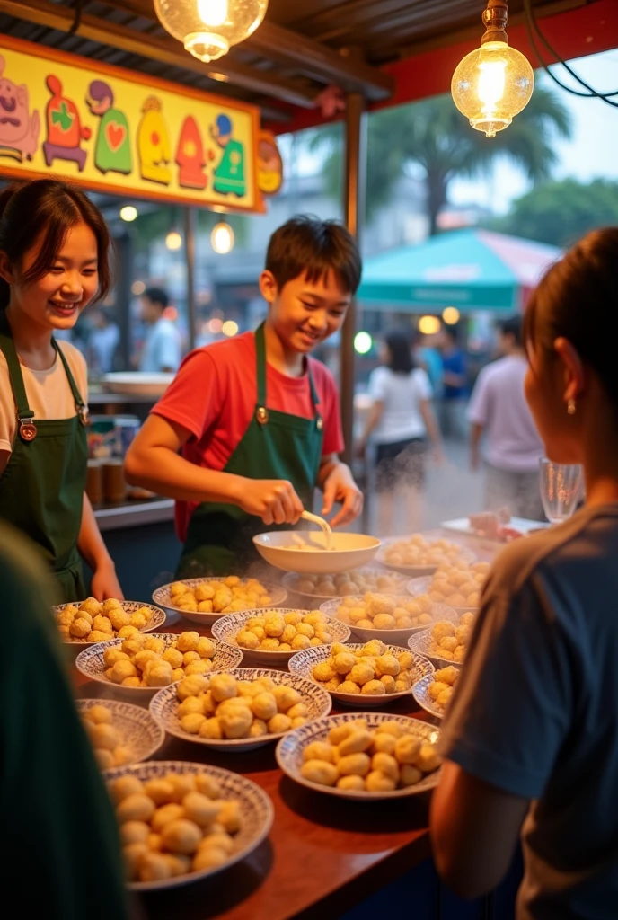 Photo of a bua loy shop where the staff is serving a group of teenagers.

