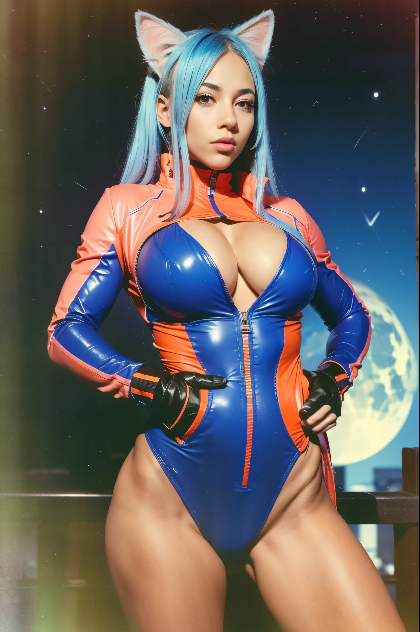 portrait, 1 girl, beautiful face, asymmetrical hair, multi-colored hair, blue hair strands belt, pink color bodysuit, orange details, detached sleeves, grey eyes, open jacket, cute, look at viewer, night sky, moon light, opened zipper front to navel, small breasts, wide gap between breasts, AmericanHeritage-Pos, pull zipper down, standing, legs apart, cat ears, contrasting colors, volumetric smoke,  hazy atmophere, slim waist, thick thighs, side view, profile pose