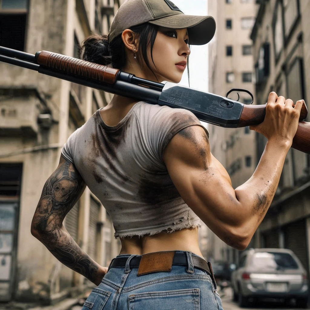8k,Realistic Photo、Realistic Skin Texture、Superrealism、Japanese women living in America、General citizens、Civilian、Tattoo、cap、jeans、sneakers、Short sleeve shirt、Beauty、American cityscape、Old building、Reload、row pods、
Mossberg ｍShooting a 590 shotgun、Covered in scars、It is dirty、muscle、The background is out of focus、Building wall、Dramatic Images、Battleground、The strongest woman、Former Marine、Be vigilant、
