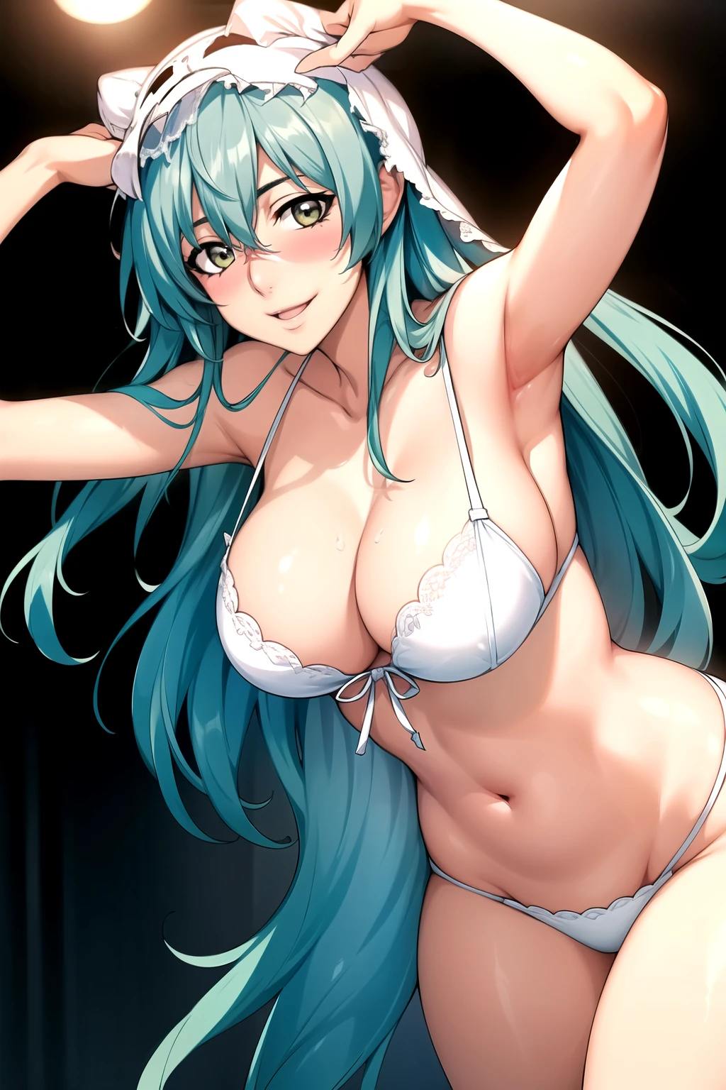 bridal veil, bride, white bra, white lace, white panty,cleveage, 锁骨 green Eye, aqua hair, Bangs,Long hair, 1 girl, 20 years old,Young women,beautiful Finger,beautiful long legs,beautiful body, beautiful Nose,beautiful character design, perfect Eye, perfect Face,expressive Eye,Perfect balance, Looking at the audience,(Focus on her Face),Shut up, (Innocent_Large target_Eye:1.0),(Light_Smile:0.3), Official Art,Extremely detailed CG unity 8k wallpaper, Perfect lighting,rich and colorful, bright_front_Face_Lighting,有Light泽的皮肤, (masterpiece:1.0),(the best_quality:1.0), 超high resolution,4K,Extremely detailed, photography, 8K, HDR, high resolution, absurd:1.2, Kodak Portra 400, Film Grain, Blurred background, Bokeh:1.2, 镜头Light晕, (Energetic_color:1.2),专业photography师, (beautiful_Face:1.5),(narrow_waist), smile, happy