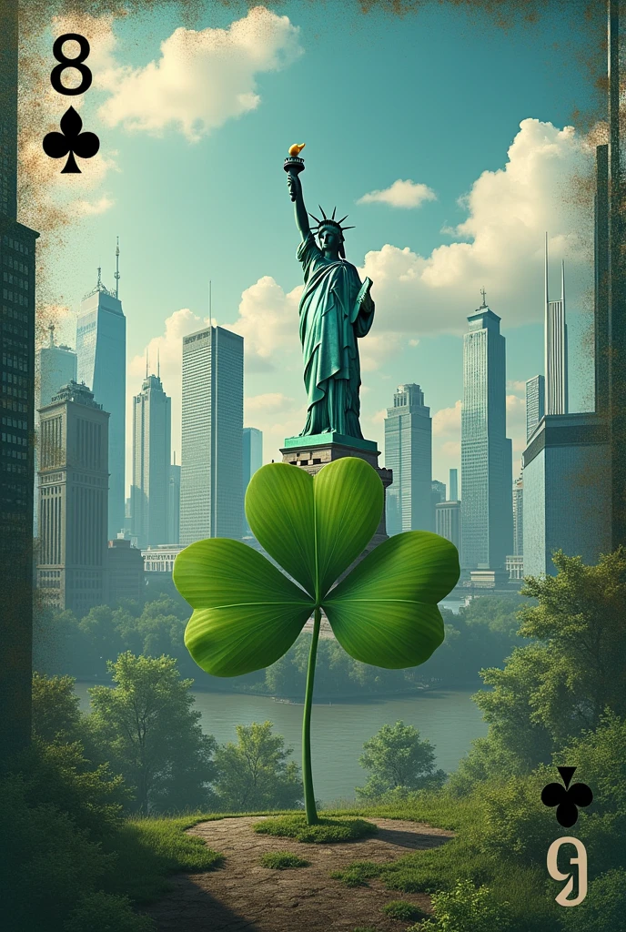 High buildings A clover The statue of liberty Spade card 888